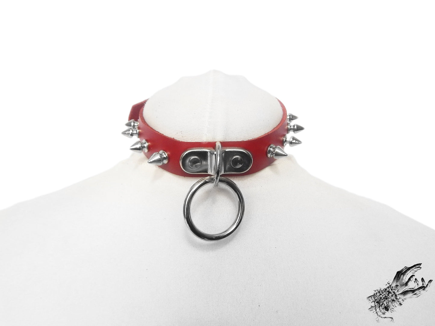 Red Leather Studded D and O Ring Choker - 8th Sin