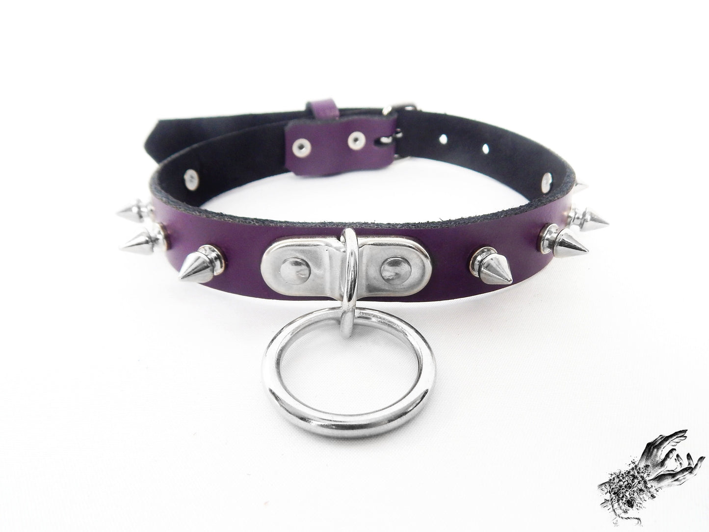 Purple Leather Studded D and O Ring Choker - 8th Sin