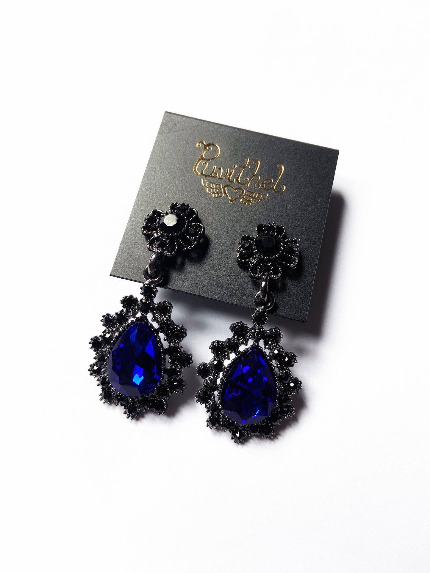 Gunmetal Black Crystal Teardrop Earrings - Blue