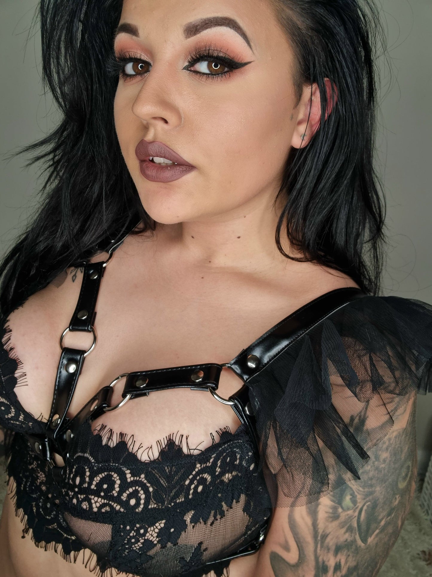 Black Vegan Leather Ruffled Harness Bra - 8th Sin