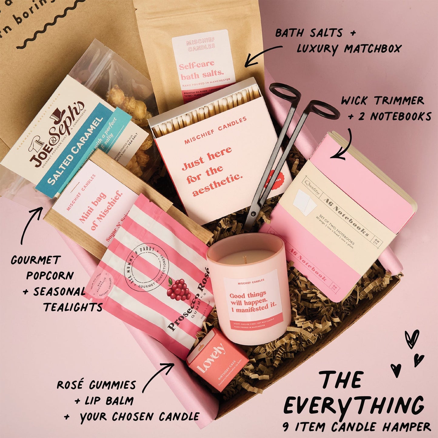 Manifesting Gift Funny Positivity Candle Good Things Will Happen - Chilled Vibes (Eucalyptus & Fresh Citrus) / 20cl - 160g Candle / The Everything - 9 Item Hamper