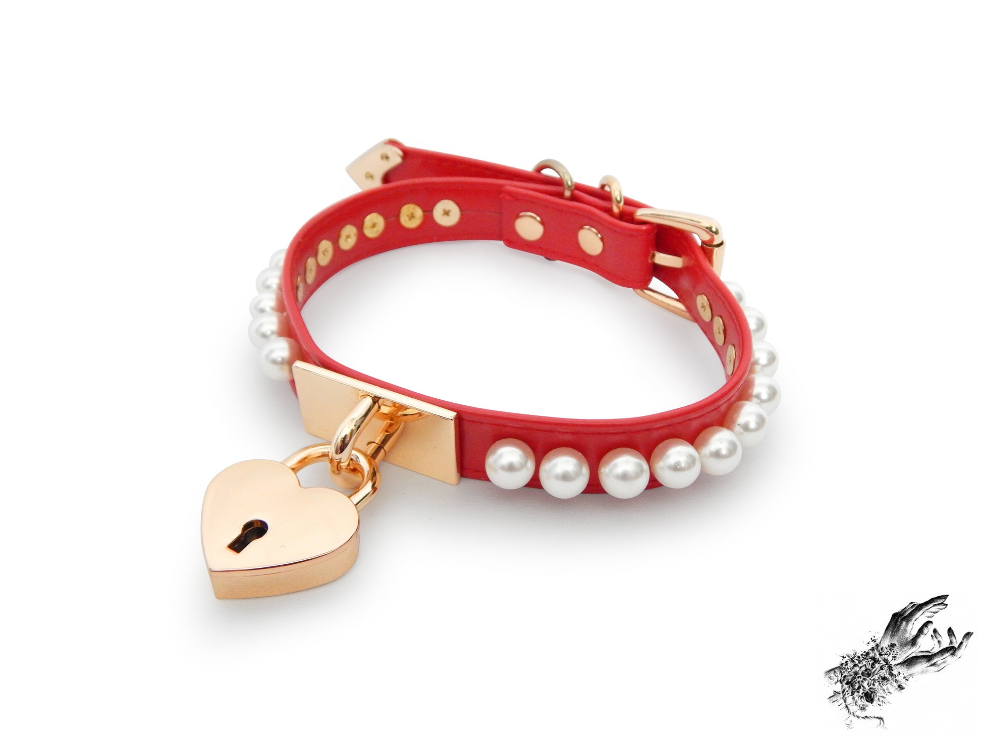 Red and Gold Pearl Heart Padlock Choker - 8th Sin