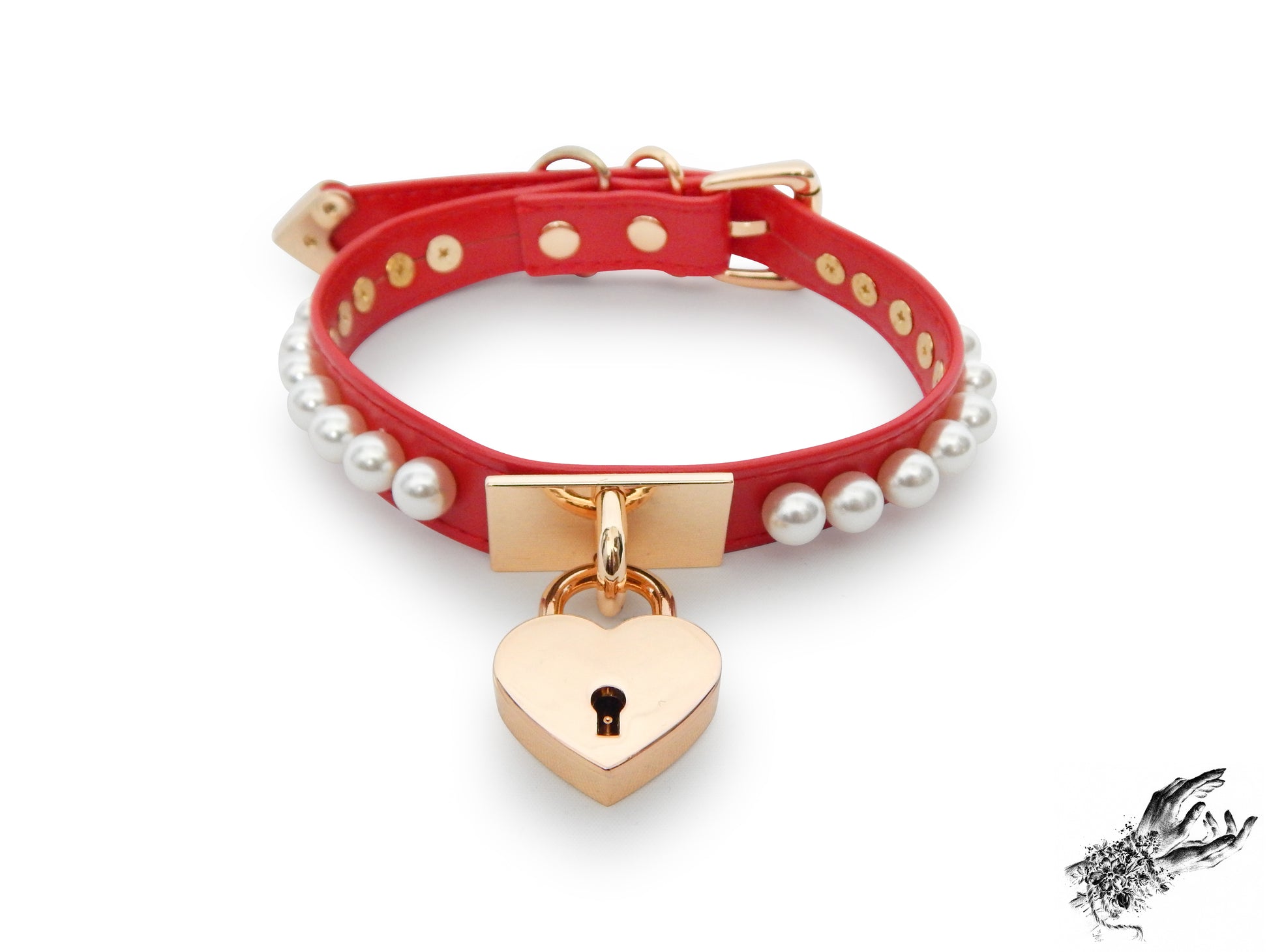 Red and Gold Pearl Heart Padlock Choker - 8th Sin