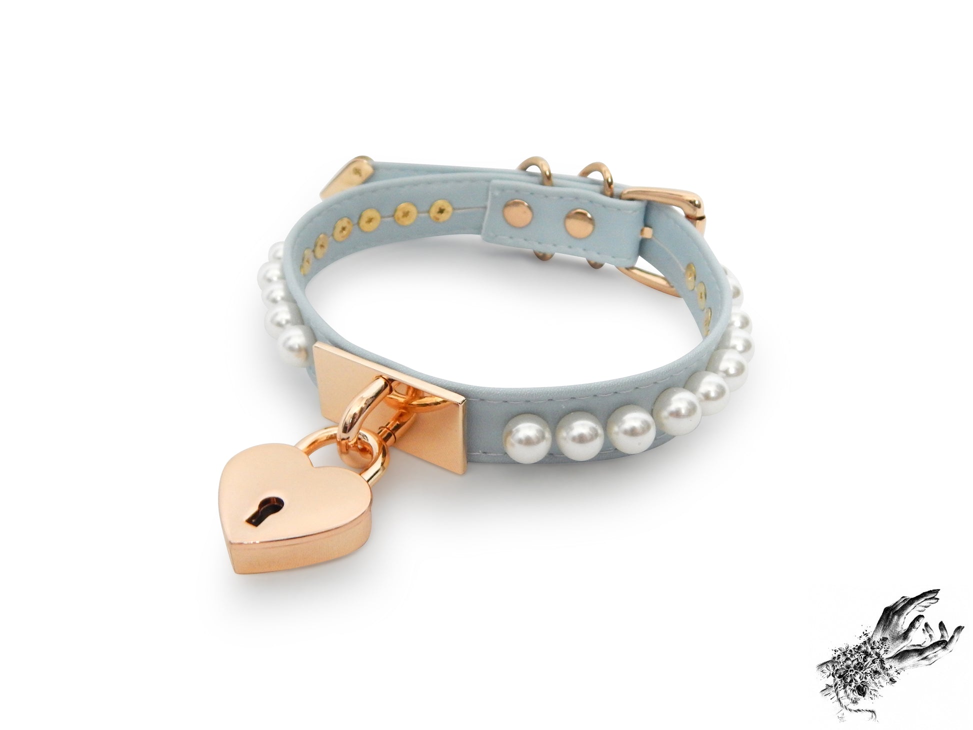 Baby Blue and Gold Pearl Heart Padlock Choker - 8th Sin