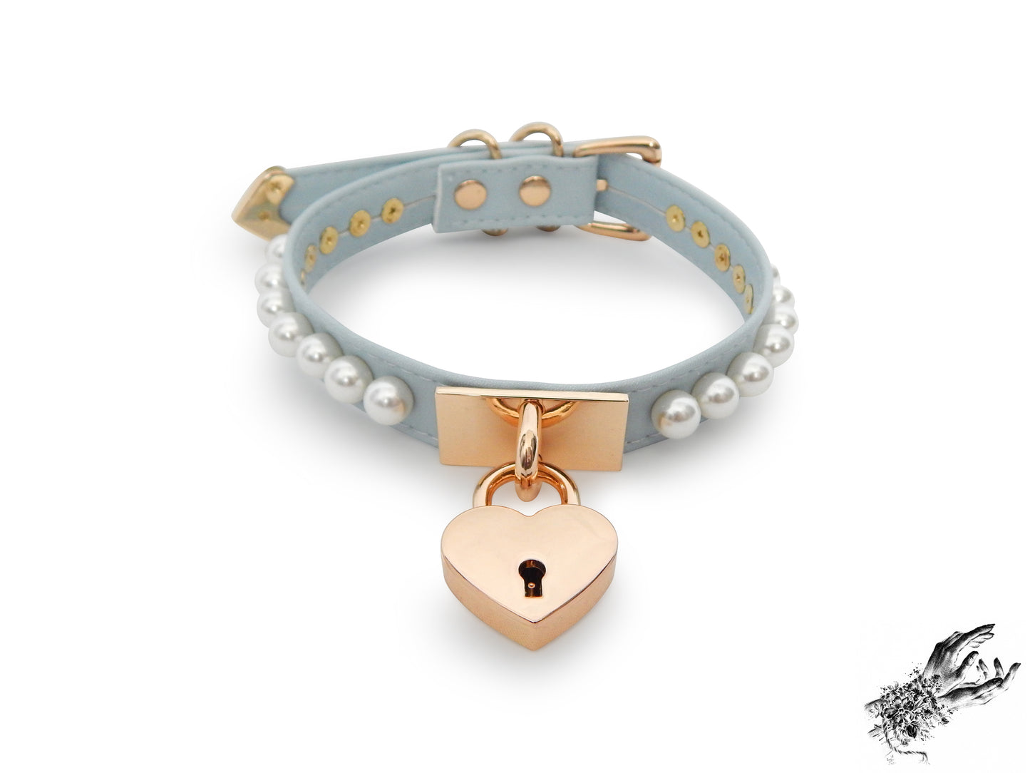 Baby Blue and Gold Pearl Heart Padlock Choker