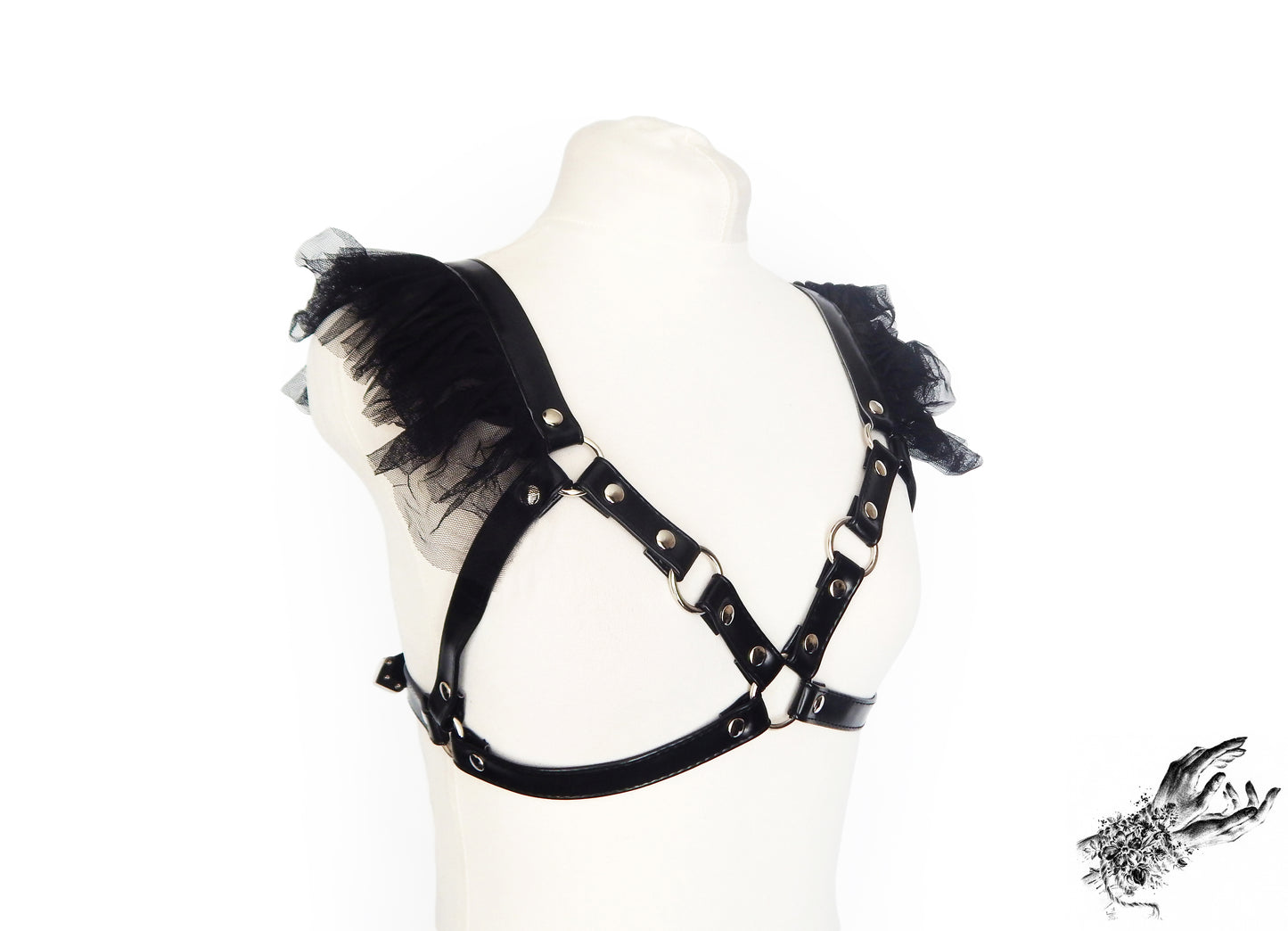 Black Vegan Leather Ruffled Harness Bra