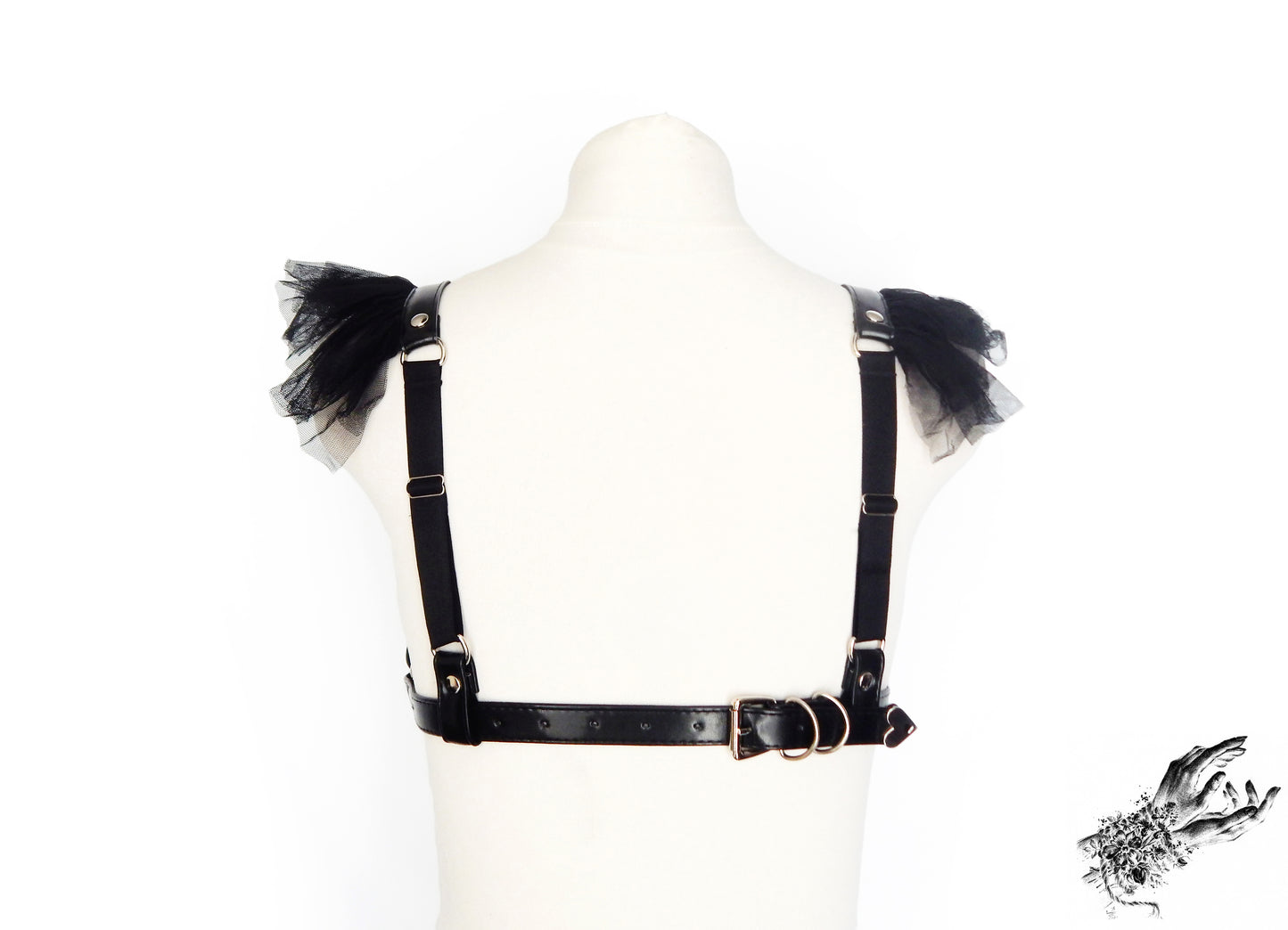 Black Vegan Leather Ruffled Harness Bra