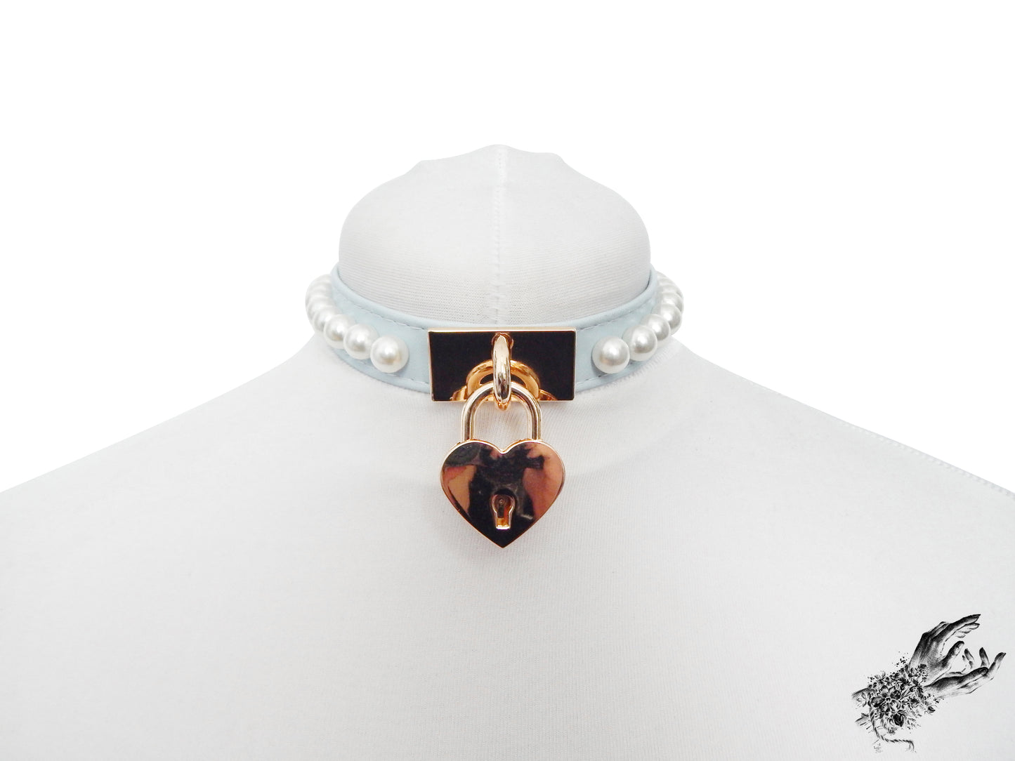 Baby Blue and Gold Pearl Heart Padlock Choker - 8th Sin