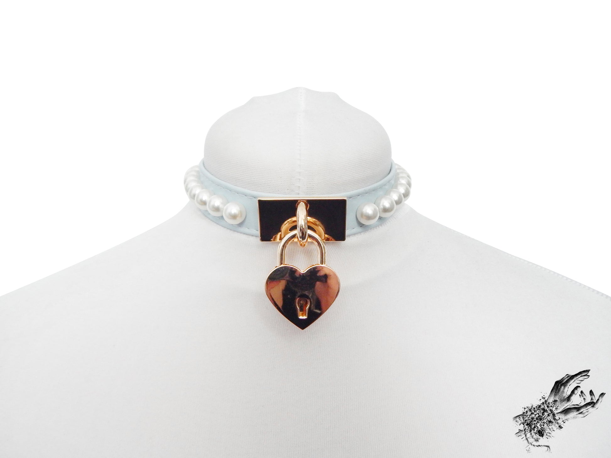 Baby Blue and Gold Pearl Heart Padlock Choker - 8th Sin