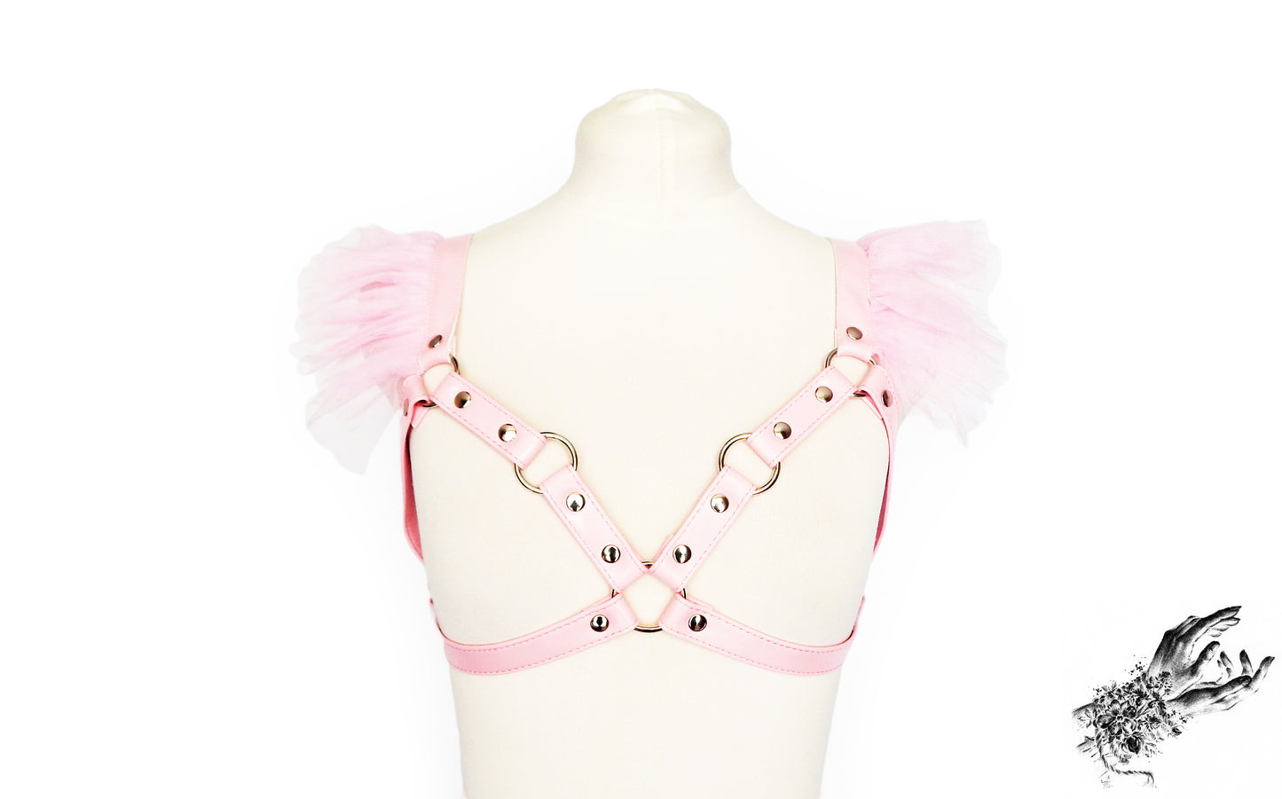 Pink Vegan Leather Ruffled Harness Bra