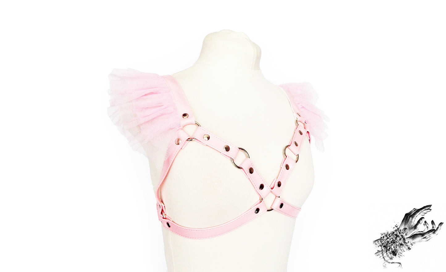Pink Vegan Leather Ruffled Harness Bra