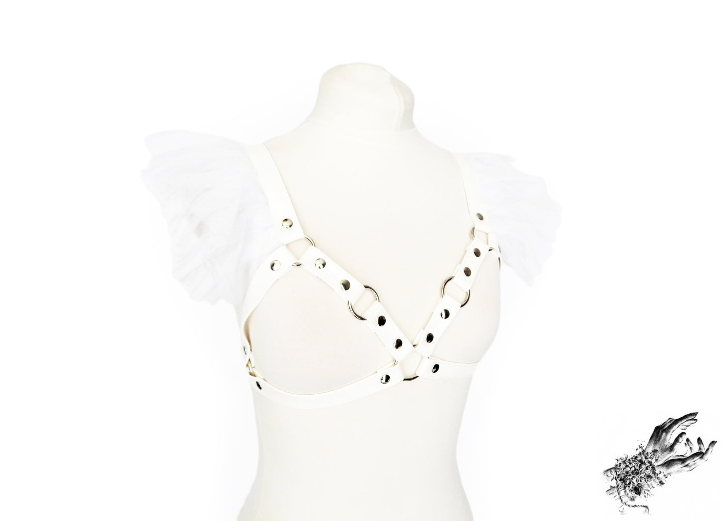 White Vegan Leather Ruffled Harness Bra