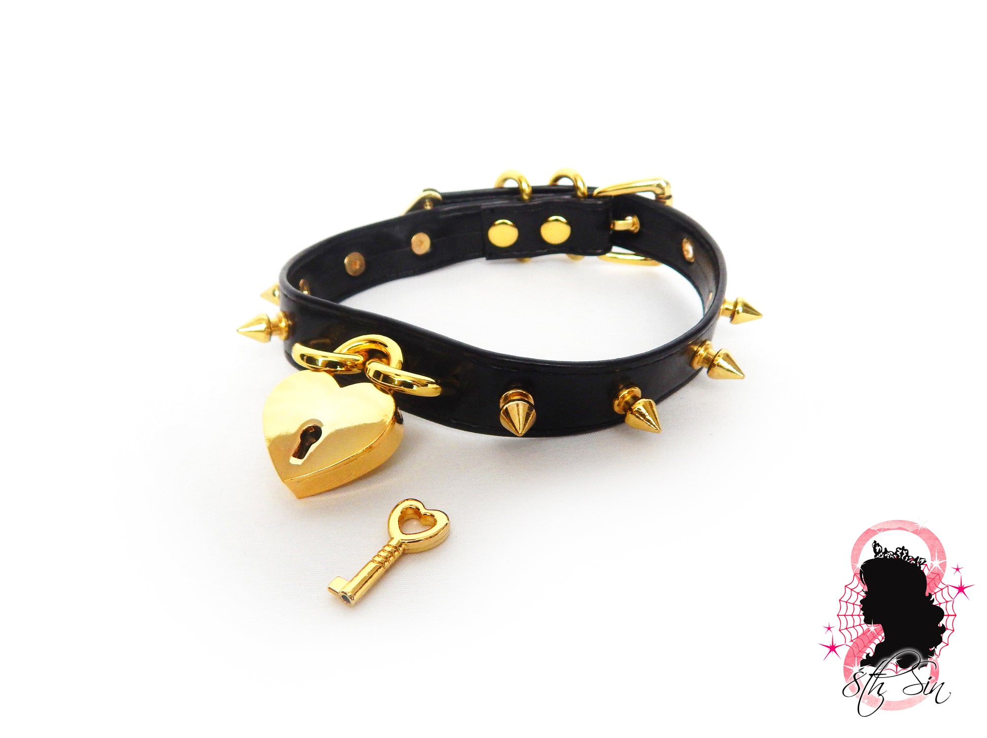 Black and Gold Studded Heart Padlock Choker with Key - 8th Sin