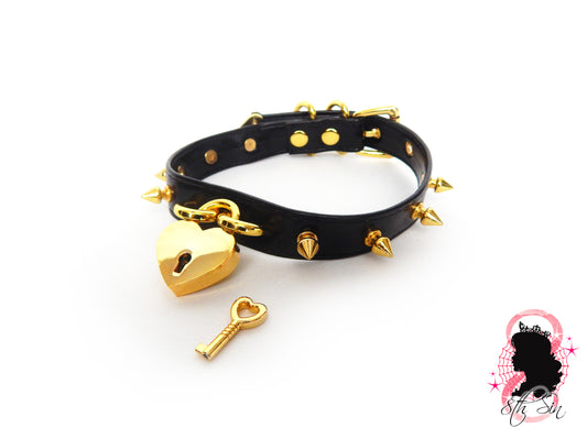 Black and Gold Studded Heart Padlock Choker with Key - 8th Sin