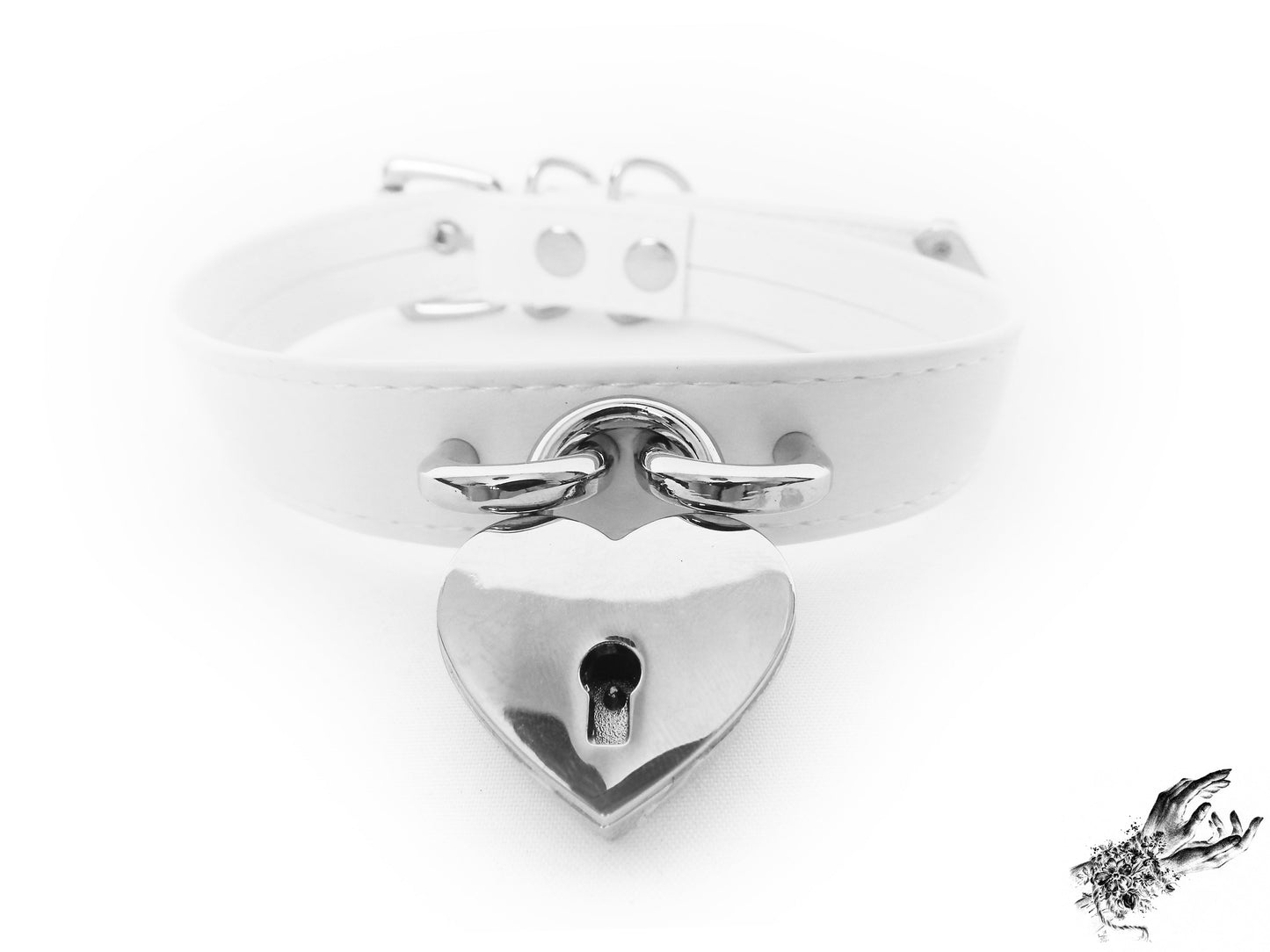 White Faux Leather Heart Padlock Choker - LARGE SIZE