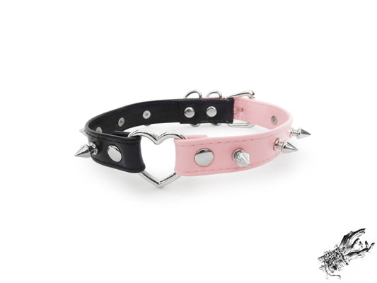 Half Black and Half Pink Studded Heart Ring Choker - 8th Sin