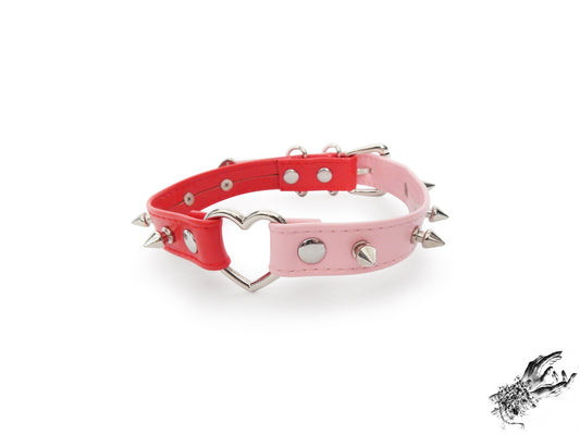 Half Pink and Half Red Studded Heart Ring Choker