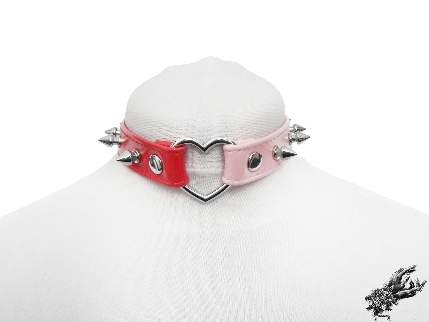 Half Pink and Half Red Studded Heart Ring Choker