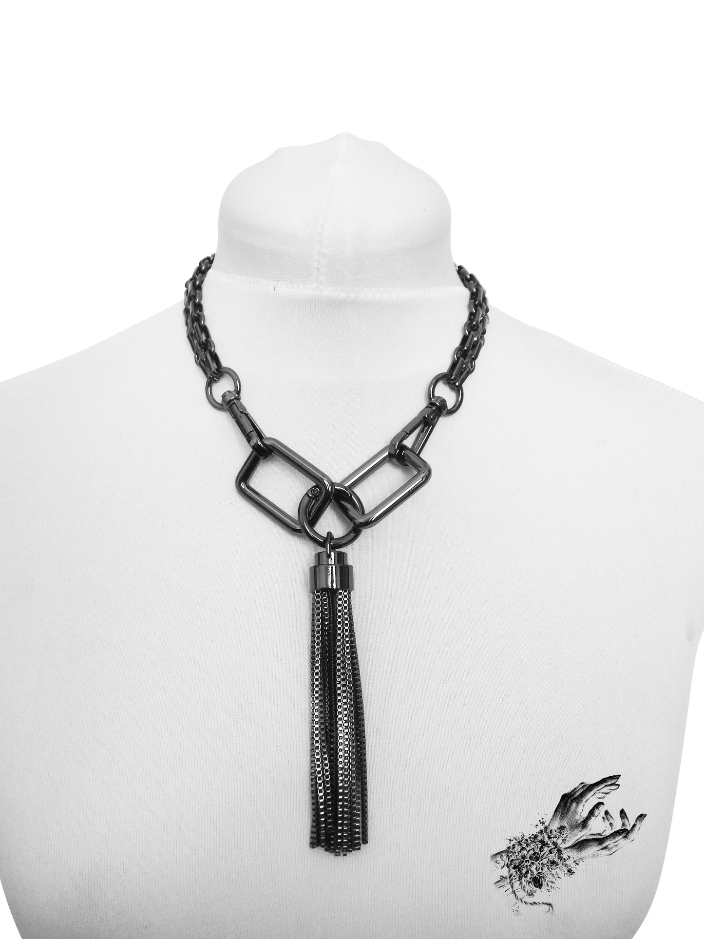 Black Chunky Square Chain and Tassel Necklace