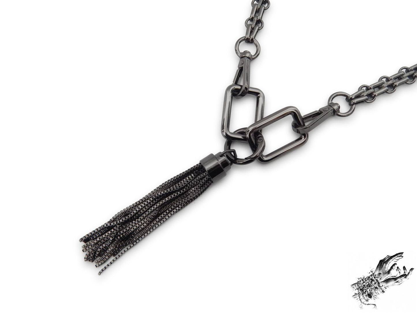 Black Chunky Square Chain and Tassel Necklace