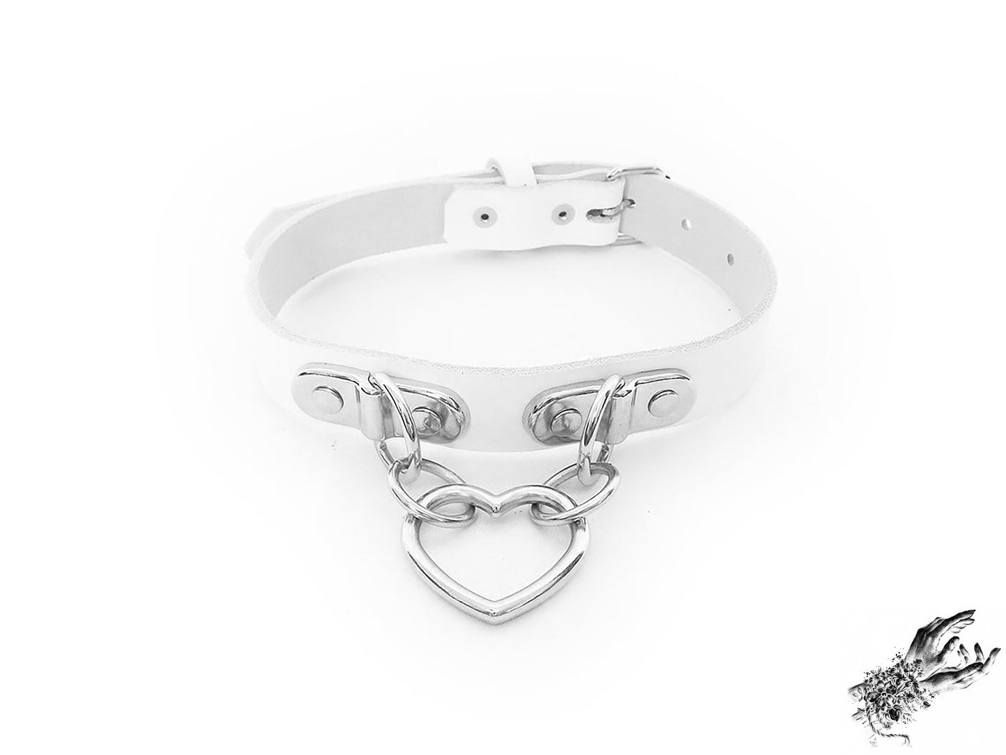 White leather choker with a silver heart-shaped pendant on a white background