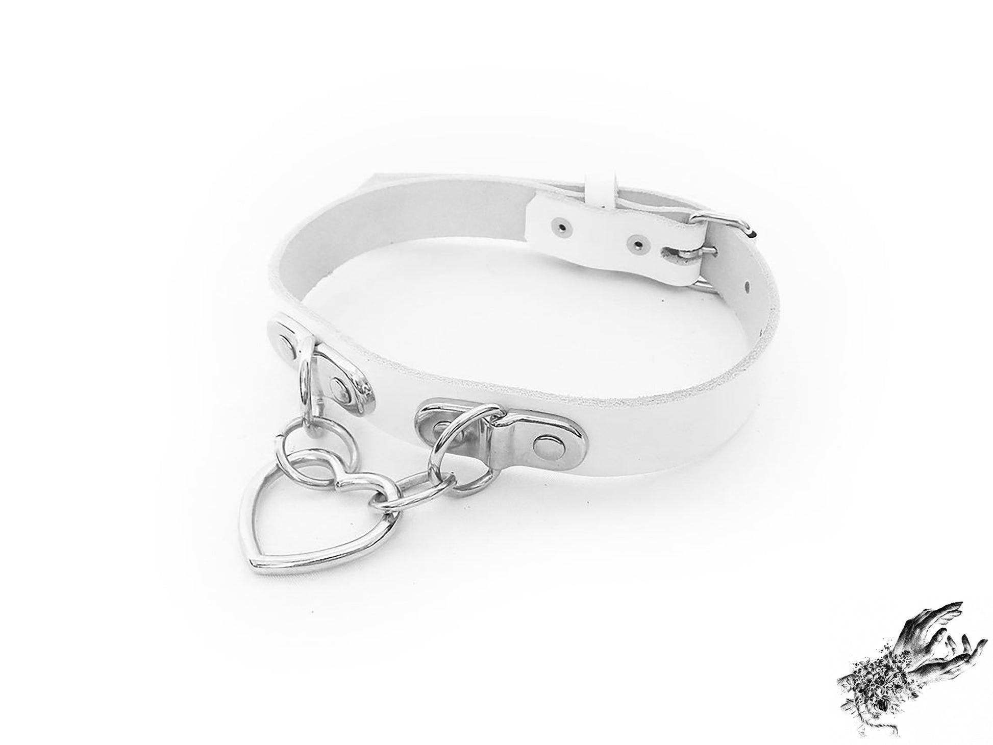 White leather choker with a silver heart-shaped pendant on a white background