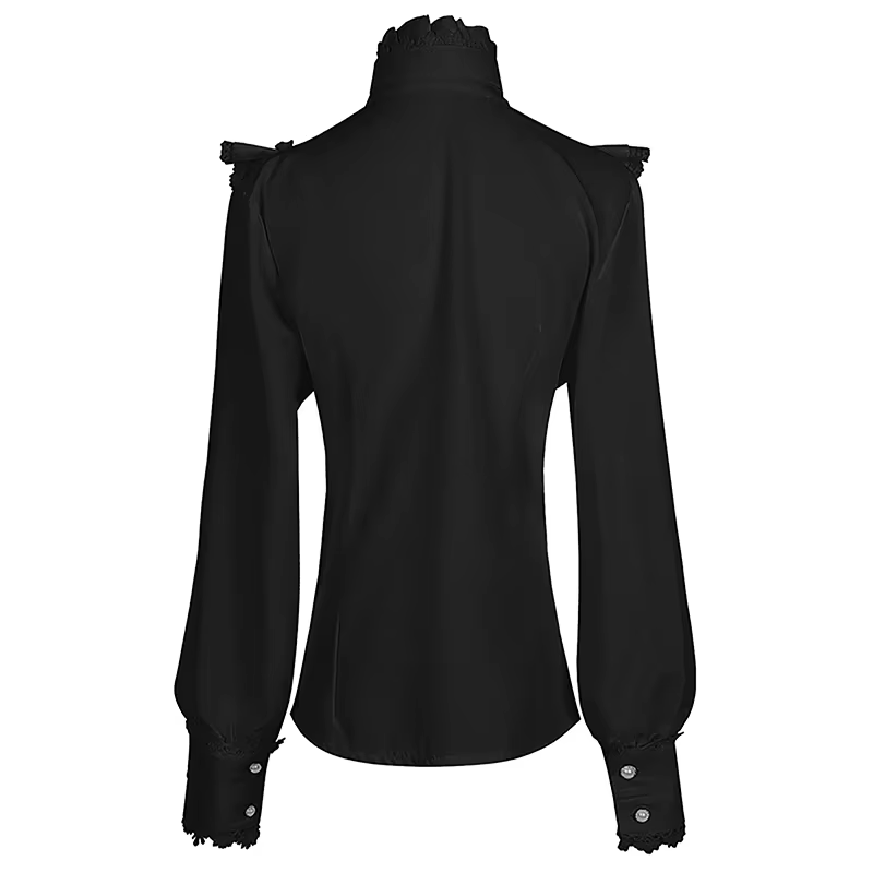 Back of a black polyester blouse featuring high ruffle neck, bow tie, lace collar, white pearlescent buttons and lace cuffed long sleeves, displayed on a white background.