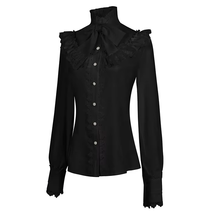 Side view of a black polyester blouse featuring high ruffle neck, bow tie, lace collar, white pearlescent buttons and lace cuffed long sleeves, displayed on a white background.