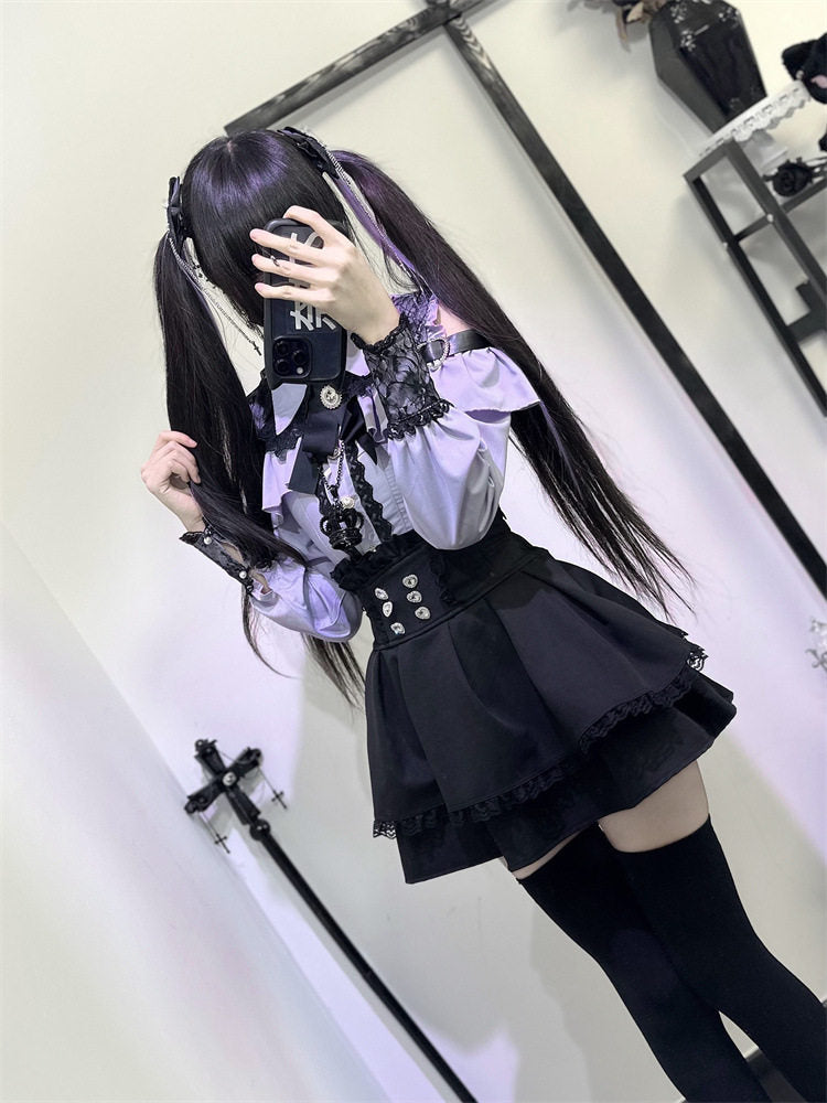 Black high waisted skirt featuring a ruffled waist, diamante heart shaped buttons, pleated a-line design and lace trimmed hem, styled with long black pigtails and a grey and black lace blouse for a Jirai Kei aesthetic.