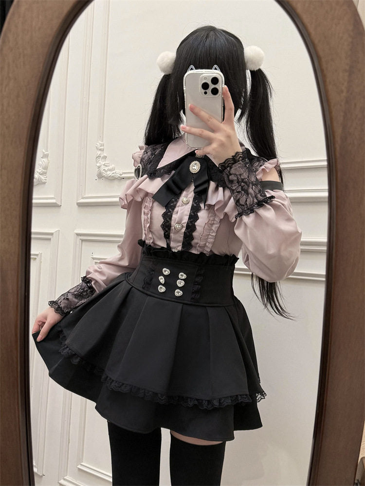Black high waisted skirt featuring a ruffled waist, diamante heart shaped buttons, pleated a-line design and lace trimmed hem, styled with a pink and black lace blouse for a Jirai Kei aesthetic.