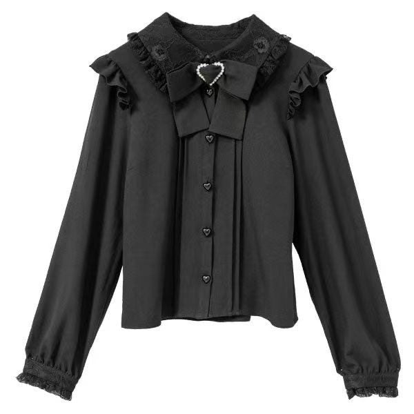 Black long sleeved blouse featuring a lace Peter Pan style collar, ruffled shoulders, pintucks, black heart shaped buttons and detachable bow brooch. Displayed on a white background.