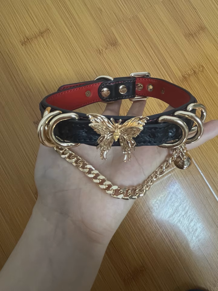 Black and red leather choker featuring a gold tone butterfly charm, D rings, chain and bell charm. Held by a hand against a wooden table for a casual lifestyle shot.