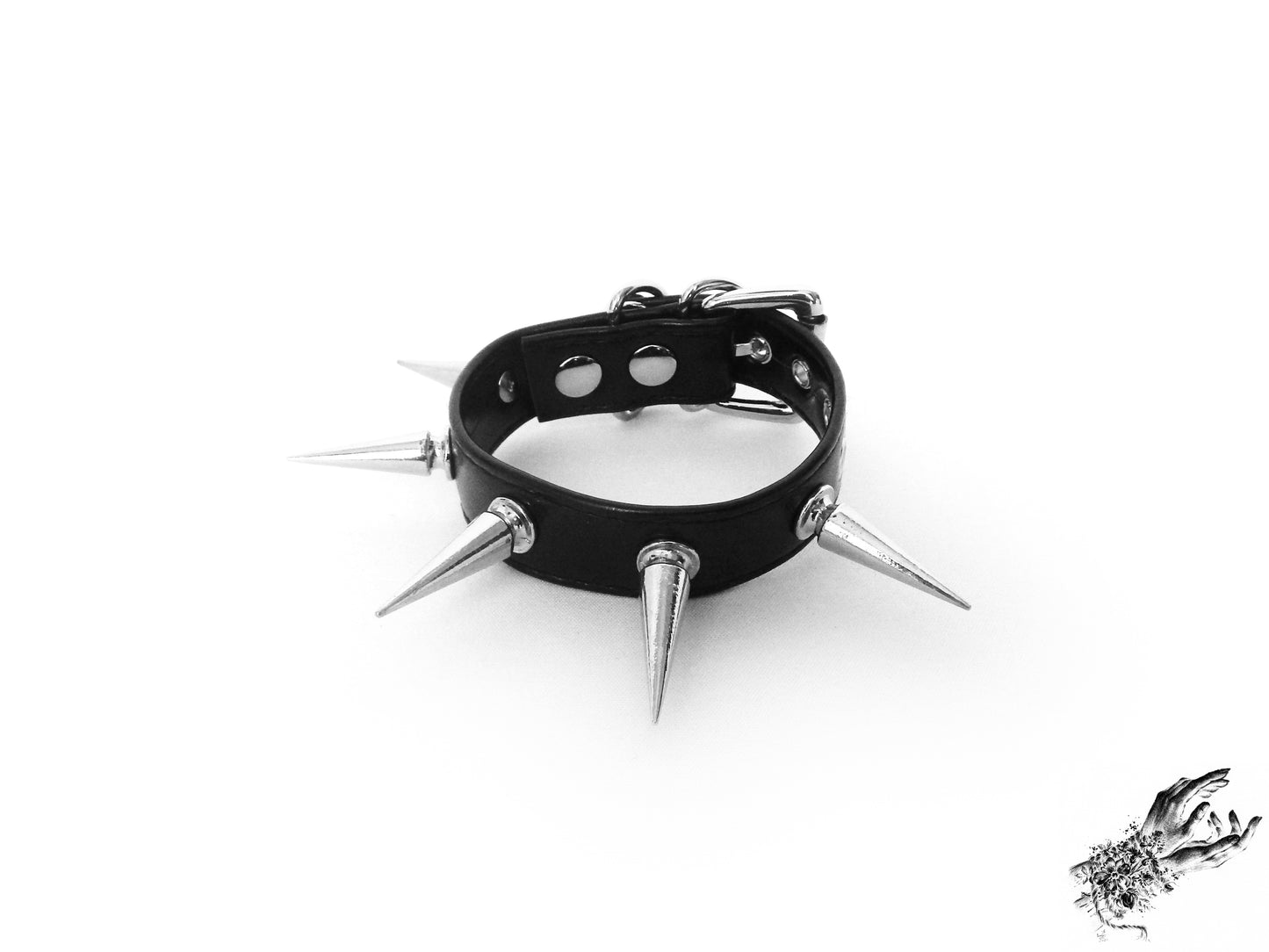 Black vegan leather wristband with 25mm spike studs for gothic and alternative fashion