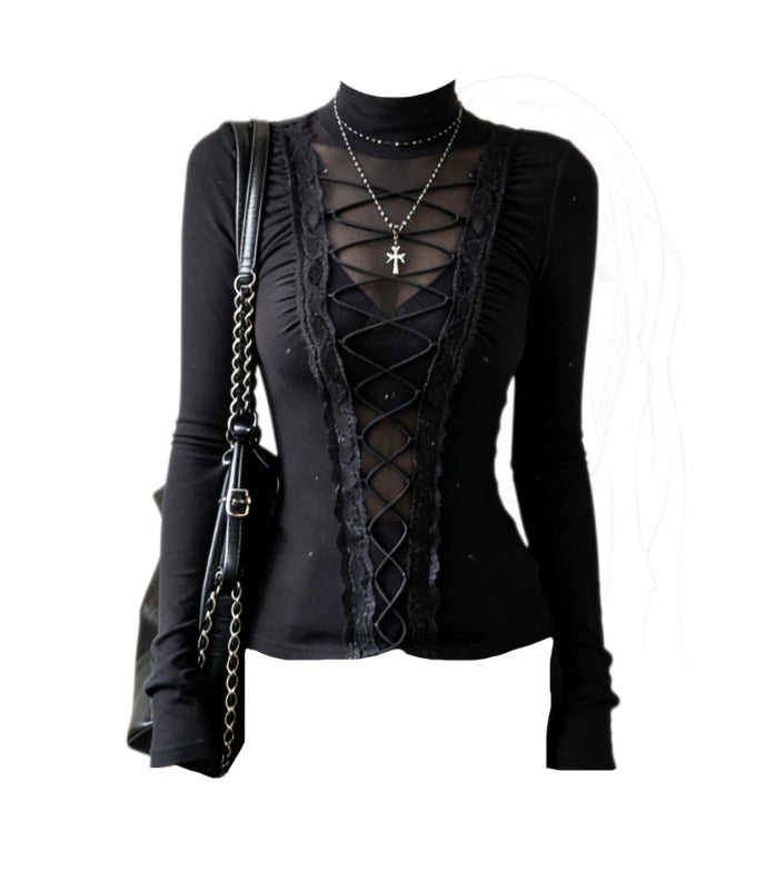Black lace-up top with turtleneck collar, sheer central bodice panel, long sleeves and elastic corset lacing. Photographed on a model againsta white background.