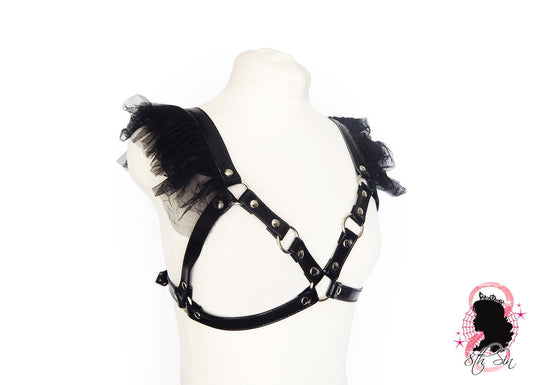 Black Vegan Leather Ruffled Harness Bra - SALE