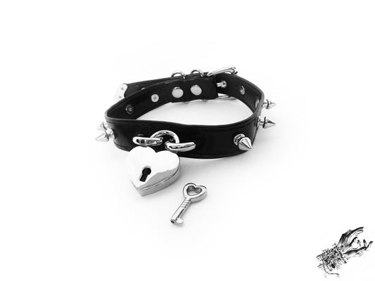 Black Faux Leather Studded Heart Padlock Choker - REGULAR SIZE