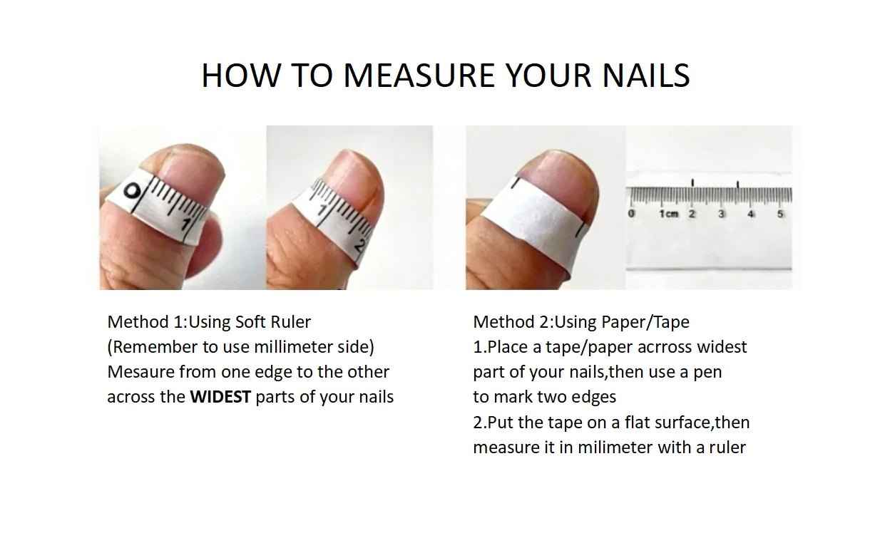 Instructions on how to measure nails using a soft ruler and paper tape for proper application of false nails.