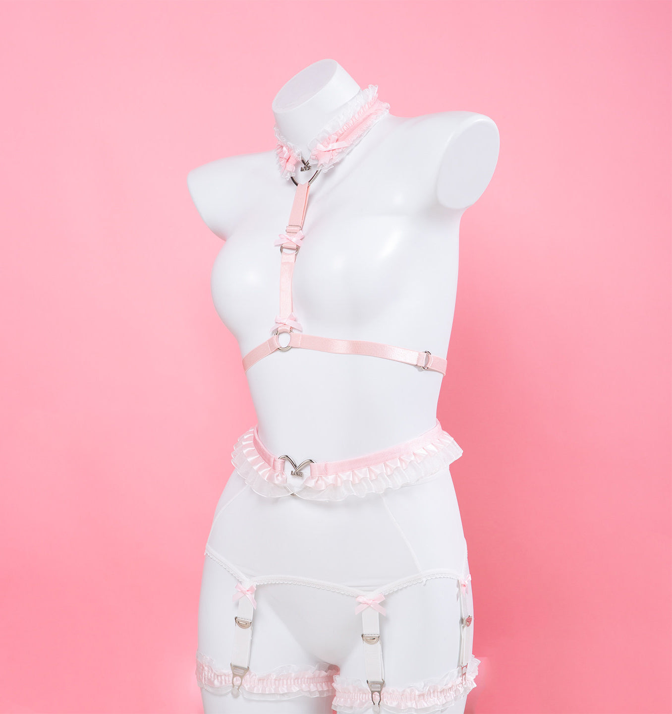 Pink and White Ruffled Elastic Body Harness Set