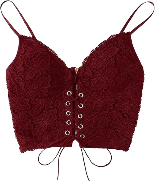 A wine red lace bustier crop top with thin shoulder straps, back zipper and lace-up front detailing with silver eyelets, displayed on a white background.