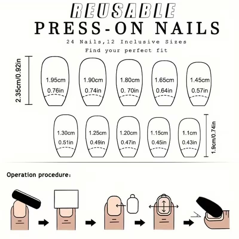 A sizing guide for press-on false nails, showing how to measure your nail beds and apply the false nails.