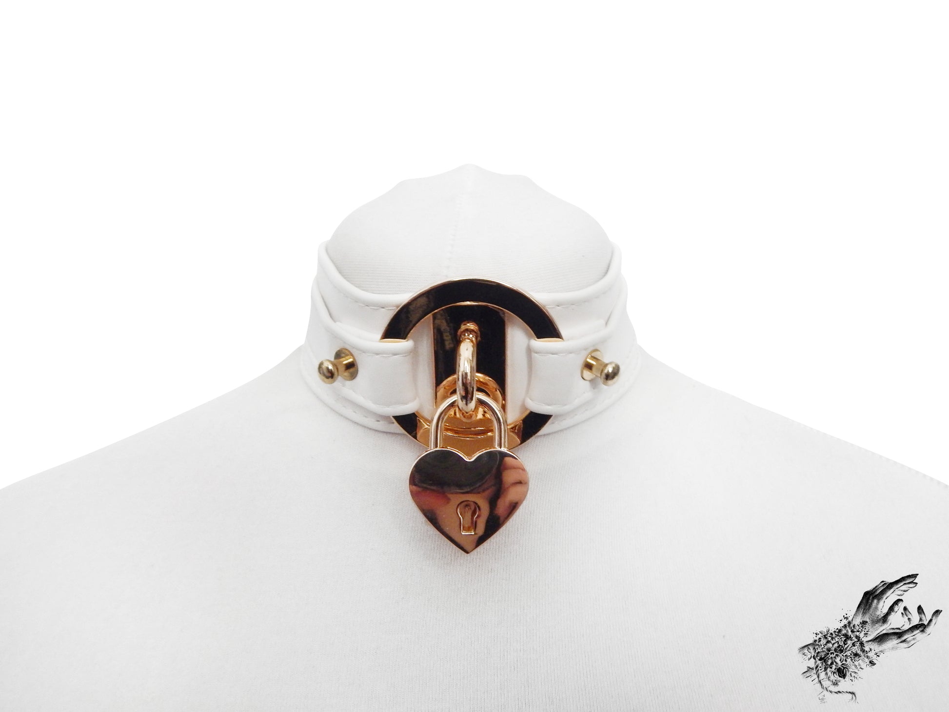 White faux leather choker featuring central gold tone hardware including an O-ring and removable heart padlock. Displayed on a white mannequin bust against a white background.