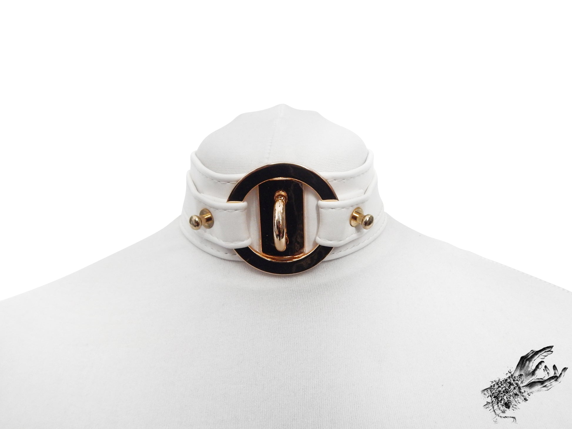 White vegan leather choker featuring central gold tone hardware including an O-ring and detached heart padlock. Displayed on a white mannequin bust against a white background.