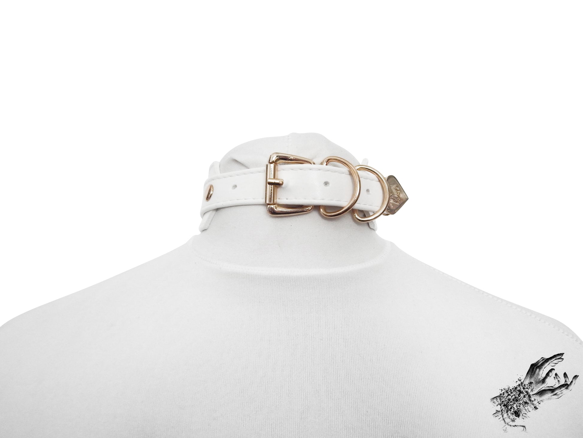 Rear view of a white faux leather choker showing the light gold tone hardware, buckle and multiple sizing holes. Displayed on a white mannequin bust against a white background.