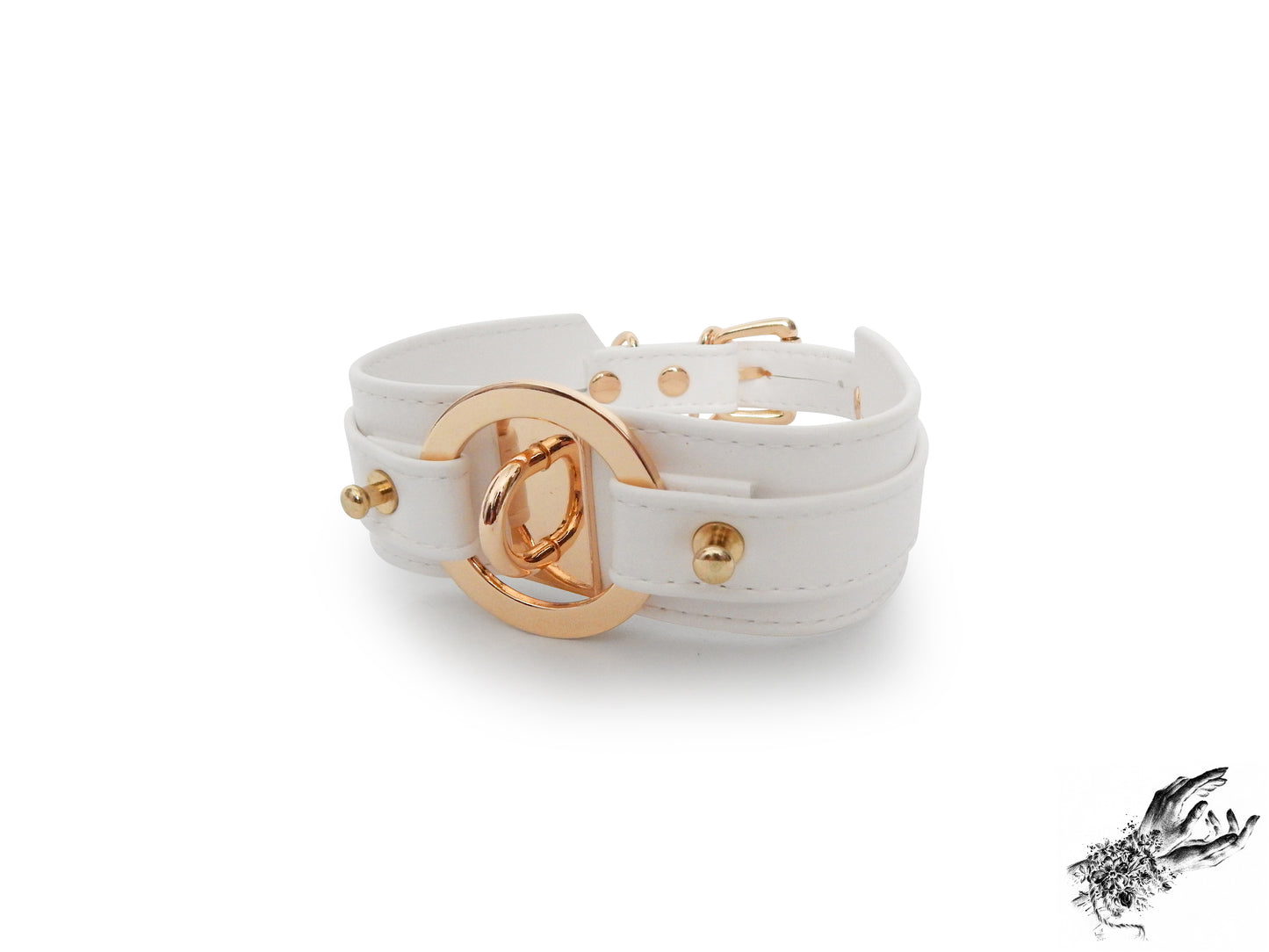White faux leather choker featuring central gold tone hardware including an O-ring and detached heart padlock. Displayed on a white background.