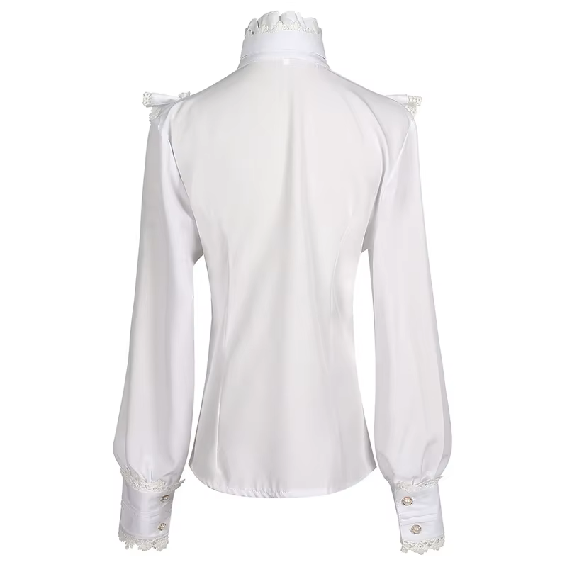 Back of a white polyester blouse featuring high ruffle neck, bow tie, lace collar, white pearlescent buttons and lace cuffed long sleeves, displayed on a white background.