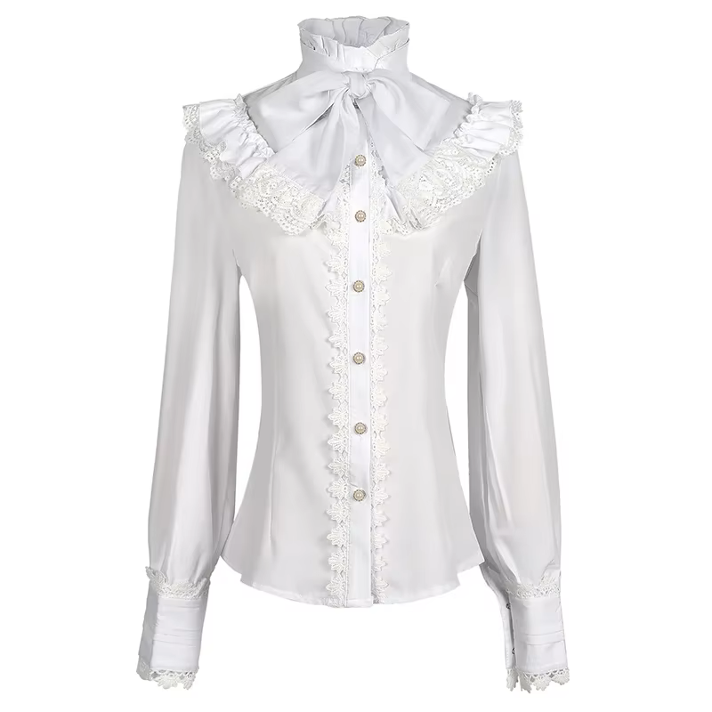 White polyester blouse featuring high ruffle neck, bow tie, lace collar, white pearlescent buttons and lace cuffed long sleeves, displayed on a white background.