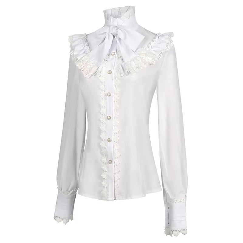 Side view of a white polyester blouse featuring high ruffle neck, bow tie, lace collar, white pearlescent buttons and lace cuffed long sleeves, displayed on a white background.
