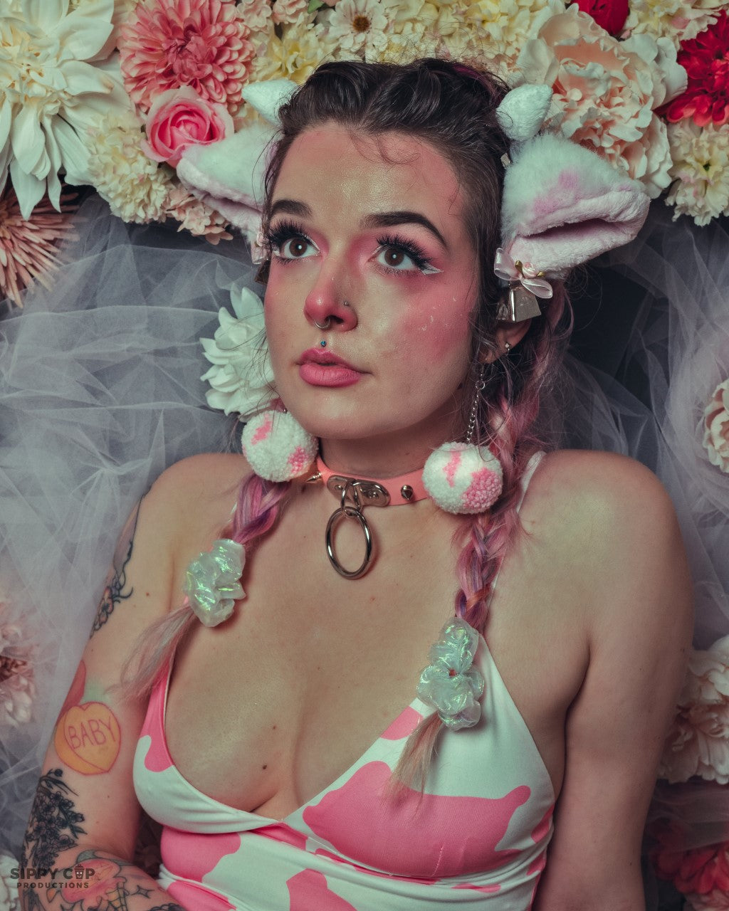 Pink Leather Studded D and O Ring Choker - 8th Sin