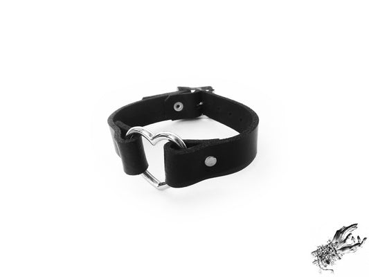 Black leather heart ring wristband, made with genuine leather and silver hardware in the UK for gothic fashion