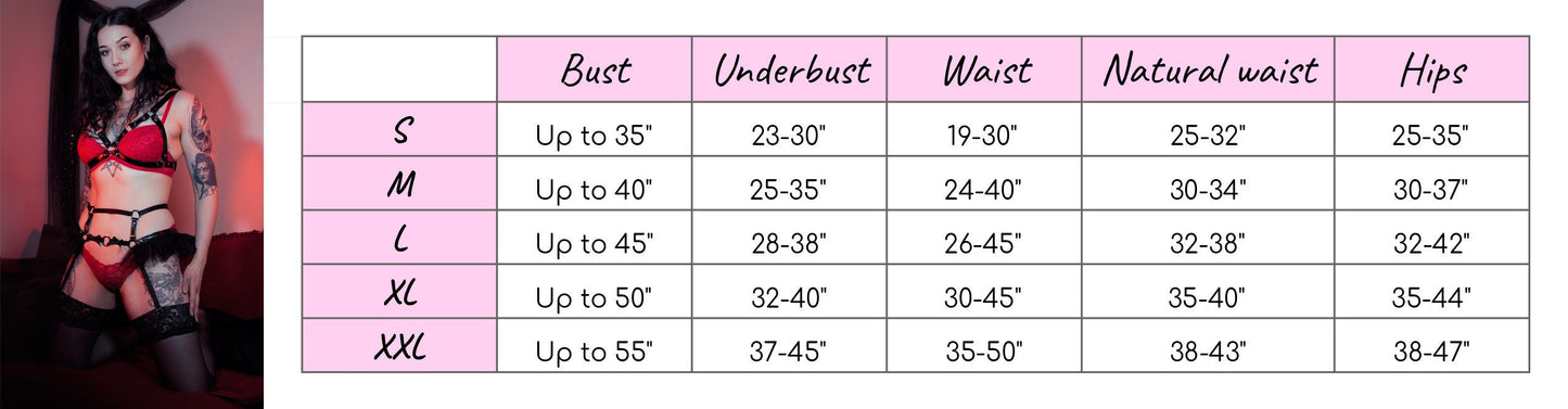 Size chart for a black vegan leather harness set, showing bust, underbust, waist and hip measurements for all corresponding sizes.
